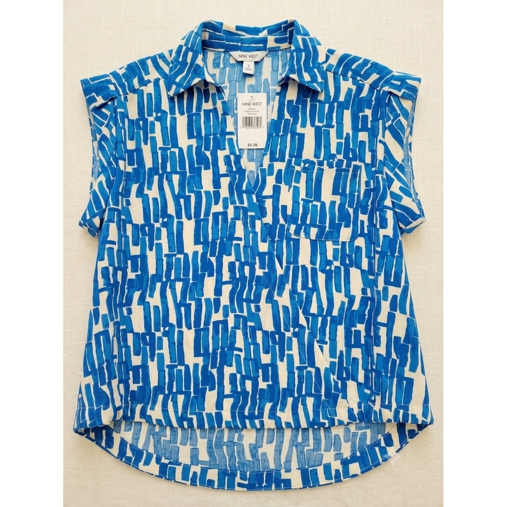 Nine West Blue White Abstract Print Dolman Surplice Shirt WW52W214RP3